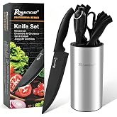 ROMANTICIST Knife Set, 10 Pieces Knife Block Set - Stainless Steel Kitchen Knives with Sharpener and Cheese Knife, Non-Slip Ergonomic Handles, Exquisite Knives Set - Stylish Black