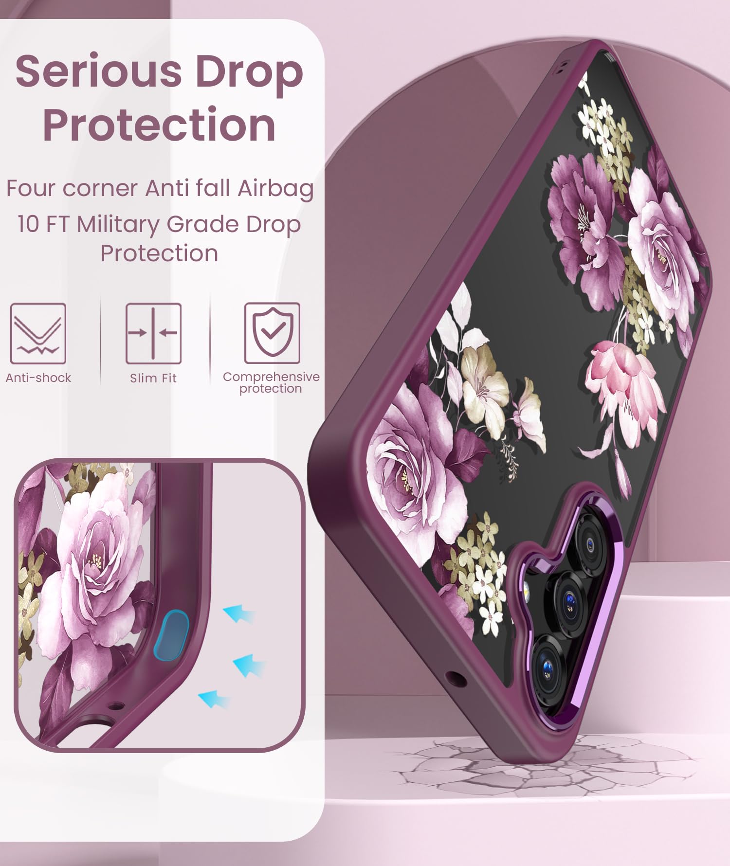 for Samsung Galaxy A16 5G Case+Tempered Glass Screen Protector,Military Grade Protective Slim Soft TPU + Hard PC,Girls Women Crystal Clear Flower Pattern Case Cover for Galaxy A16 5G-Purple