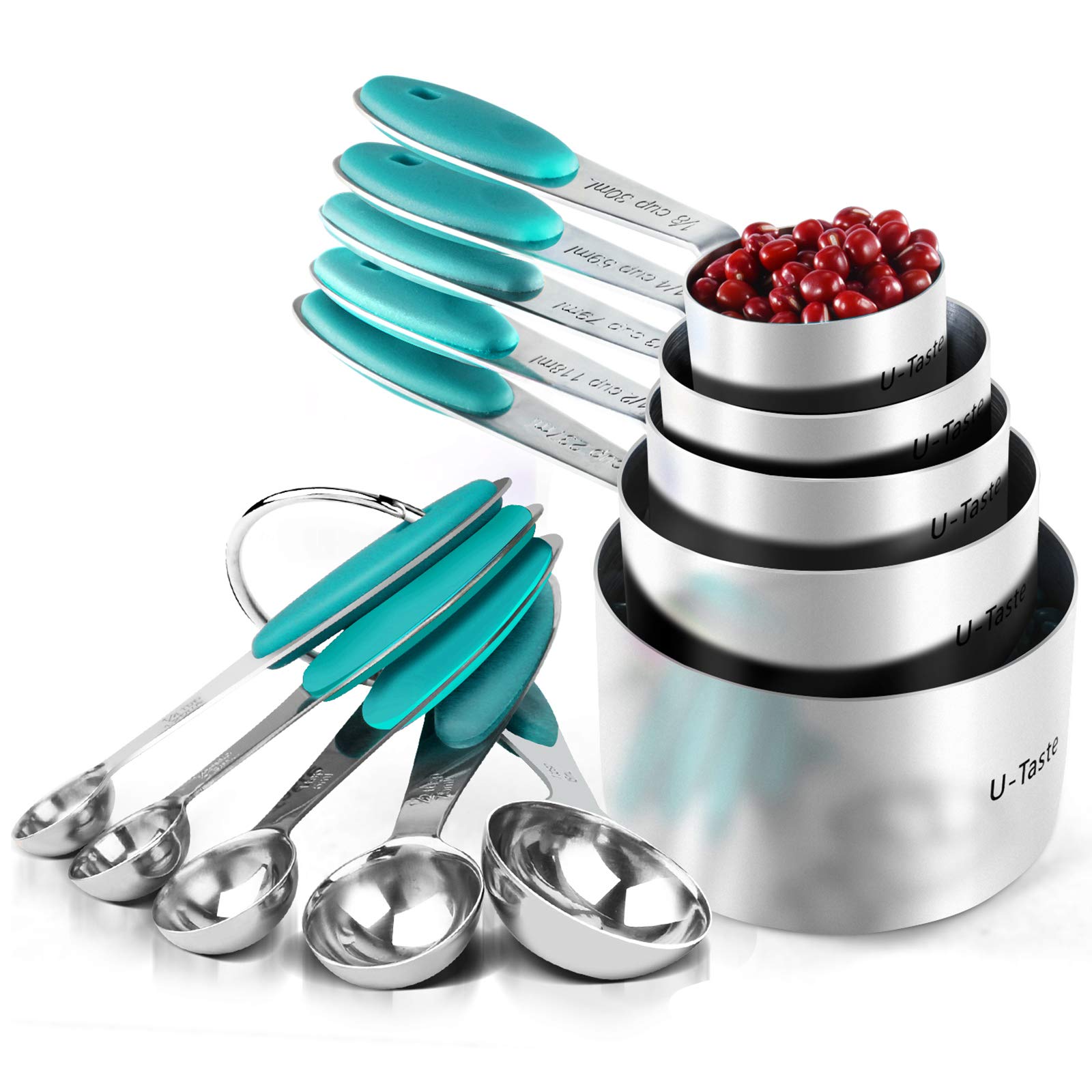 U-Taste 18/8 Stainless Steel Measuring Cups and Spoons Set of 10, Upgraded Thickness Handle (Teal/Turquoise)