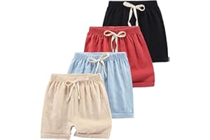 HSTiSan Toddler Boys Girls Shorts 4-Pack Cotton Linen Summer Casual Shorts Kids Solid Short Pants 2-8 Years