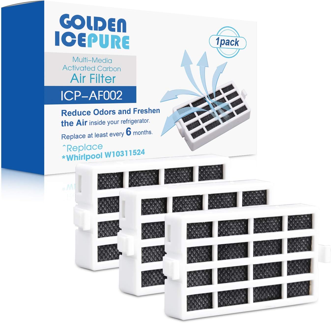 GOLDEN ICEPURE W10311524 Refrigerator Air Filter Replacement Whirlpool W10335147, W103151, W10335147A, W10315189, 1876318, 2319303, 2319308, AP4538127, KFIV29PCMS03, GSF26C4EXY02 AIR1 3pack