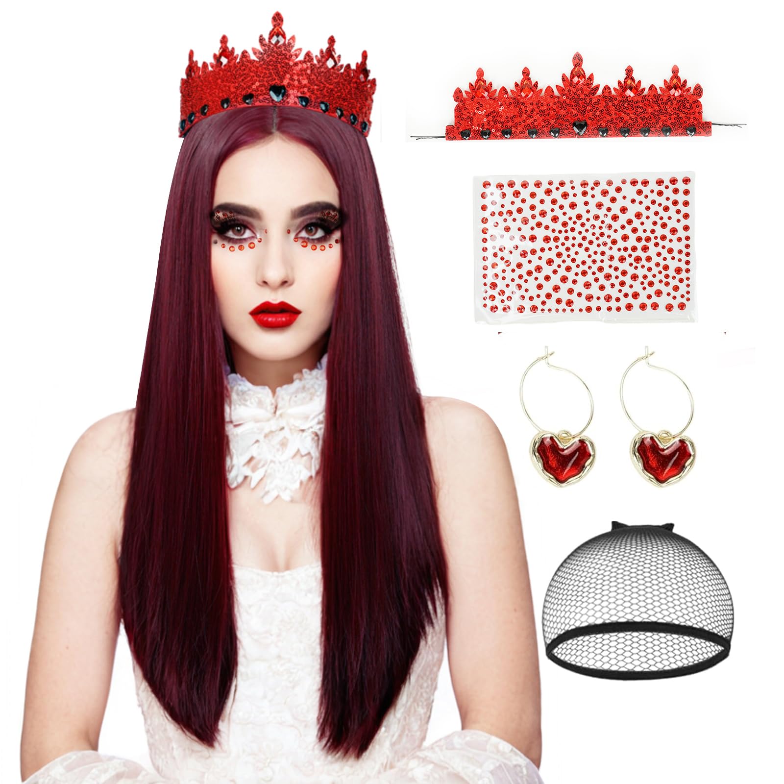 Photo 1 of LABEAUTÉ Deep Red Long Straight Hair Wigs Female Woman 5pcs with Earrings Crown Rhinestones Cap for Cosplay Halloween