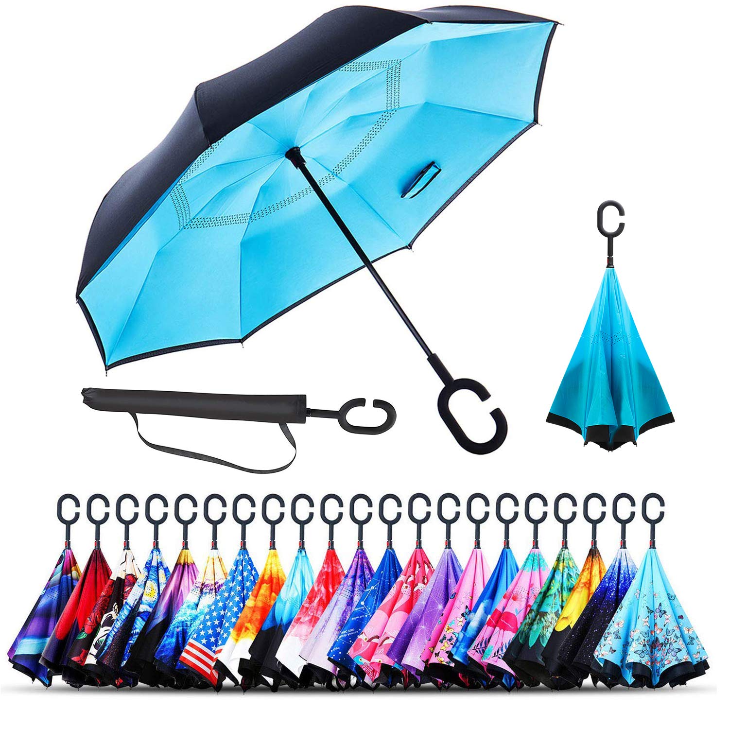 Monstleo Double Layer Inverted Umbrella Cars Reverse Umbrella, Windproof UV Protection Big Straight Umbrella for Car Rain Outdoor With C-Shaped Handle and Carrying Bag …