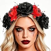 JEAIRTS Day of The Dead Flower Headband Gothic Black Red Rose Headpiece | Non-slip hair band,vivid spider decor,perfect for Halloween costume,goth cosplay,horror party and dark bridal outfit