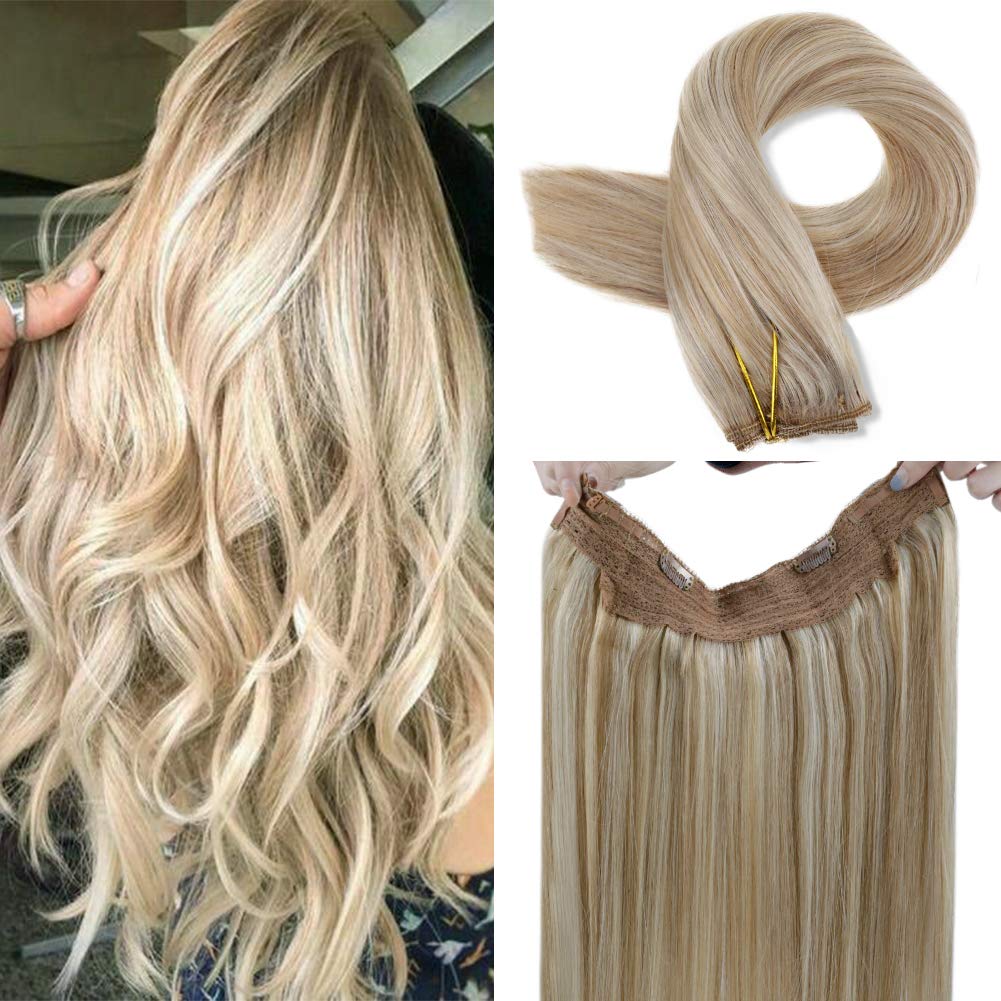 LaaVoo 12" Adjustable Invisible Wire Halo Hair Extensions Highlight Ash Blonde to Bleach Blonde Flip on Invisible Double Weft Human Hair Extension 80g 10.5inch Width (#P18/613)