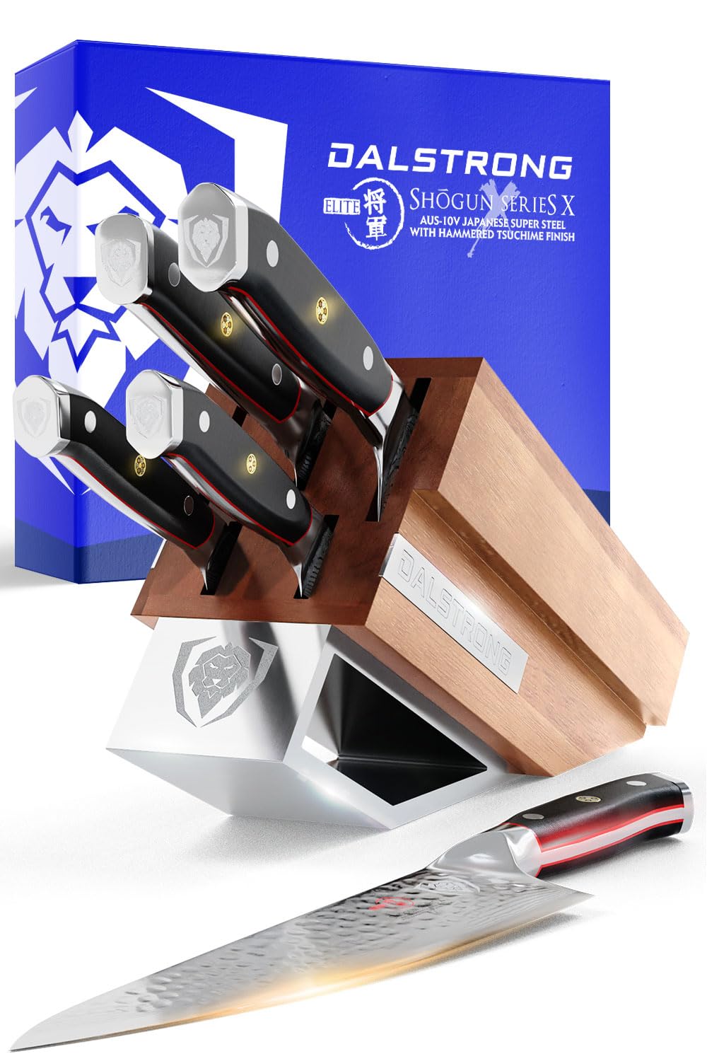 Bloque de cuchillo Dalstrong Set-5pc-Shogun Series Elite High-Carbon-Carbon-Black-Black-Black-Black G10 Handles-Acacia Wood- Damasco-Kitchen Set con regalos de San Valentín del juego de muñecos de cubiertos.