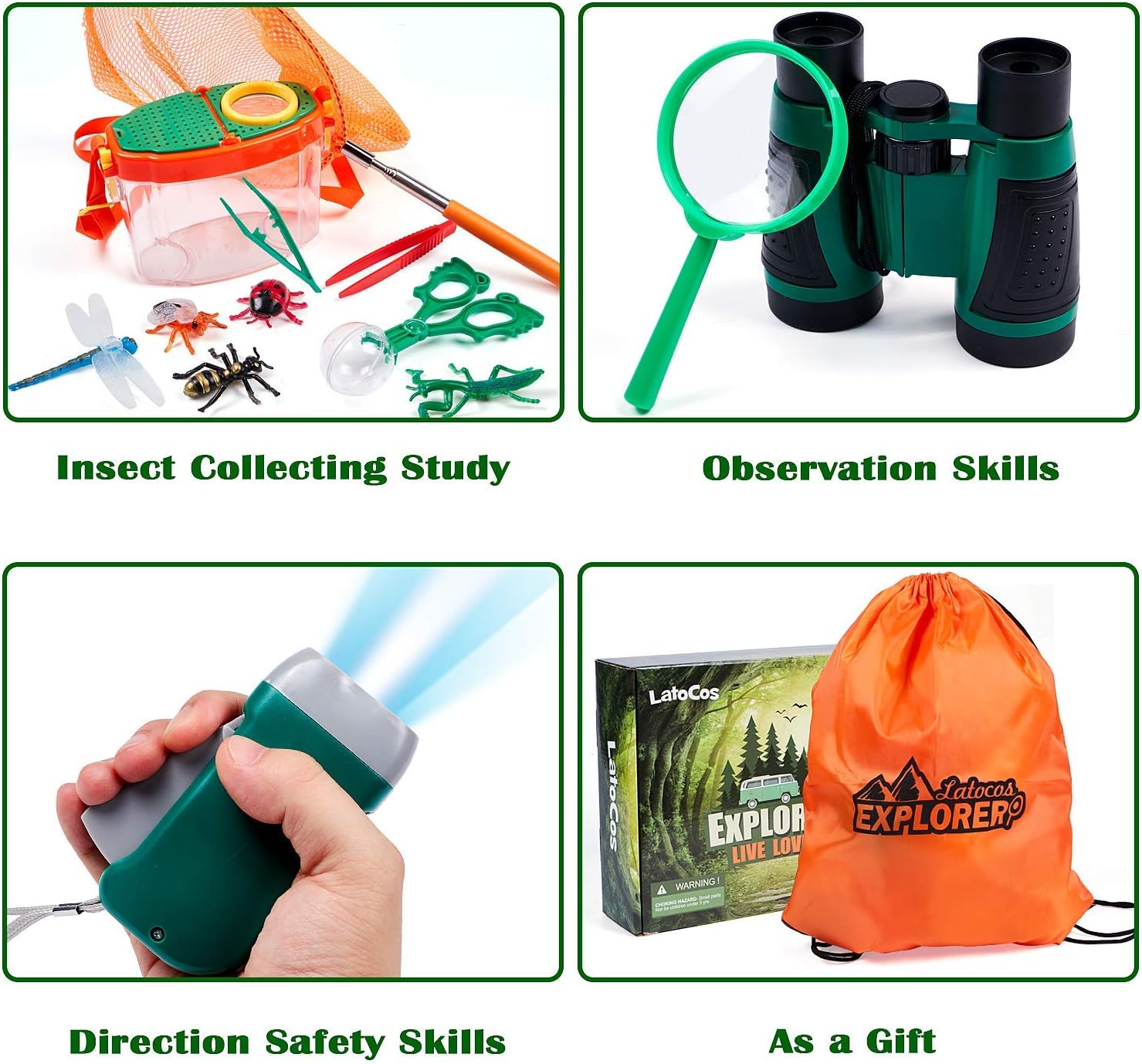 17Pcs Kids Explorer Kit Outdoor Adventure with Costume Cargo Vest and Hat, Binoculars, Flashlight, Butterfly Net Nature Exploration Camping Hiking Toy Birthday Gifts for Kids Boys Girls 3+ Years Old: Toys & Games