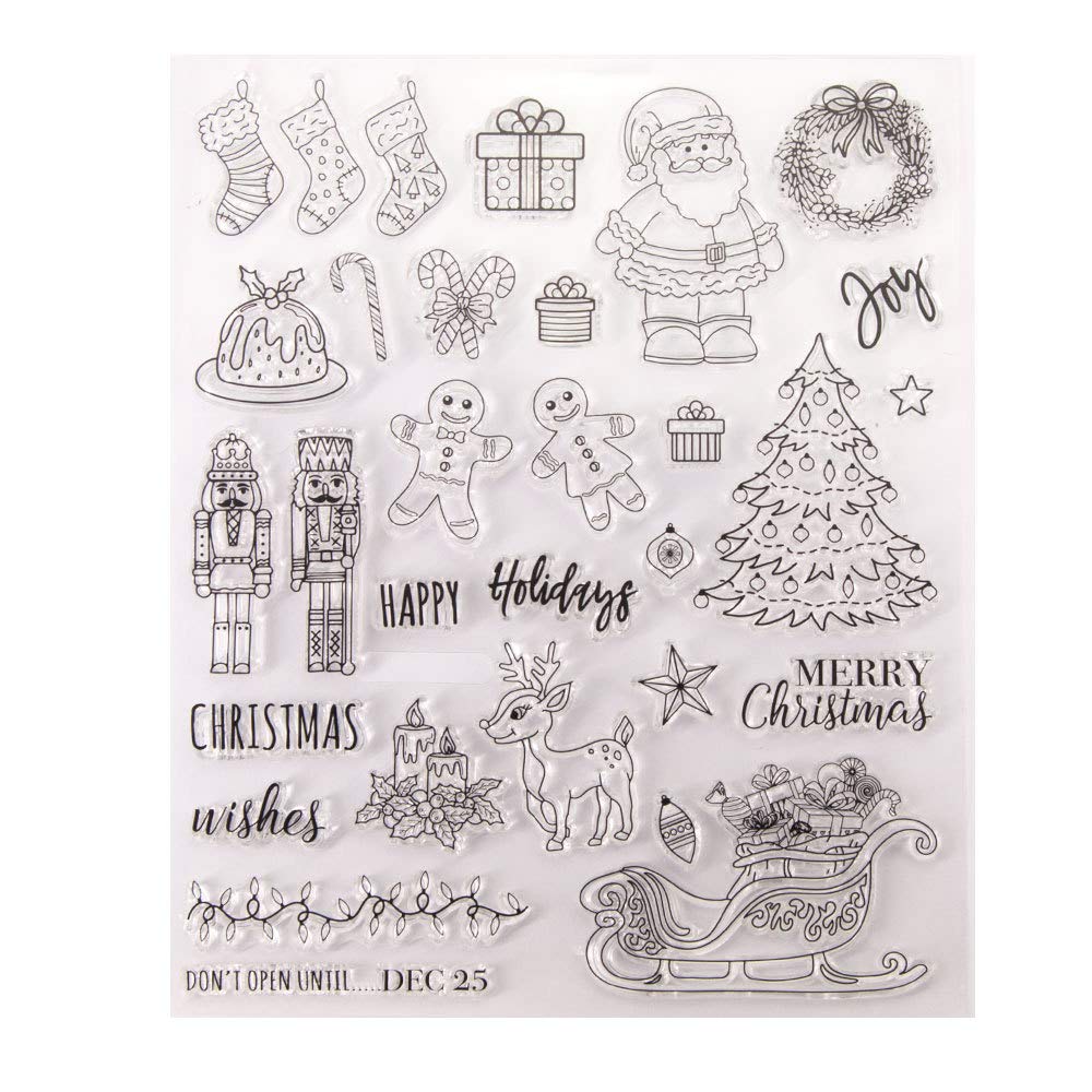 Merry Christmas Snowman Christmas Tree Berry Branch Ornament Socks Deer Santa Happy Holidays Rubber Stamps Clear Stamps for Christmas Card Making Decoration Scrapbooking Rubber Stamps for Crafts