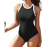 Charmo Women One Piece Swimsuit Zipper Back Ribbed Swimwear Sporty Racerback High Neck Bathing Suit