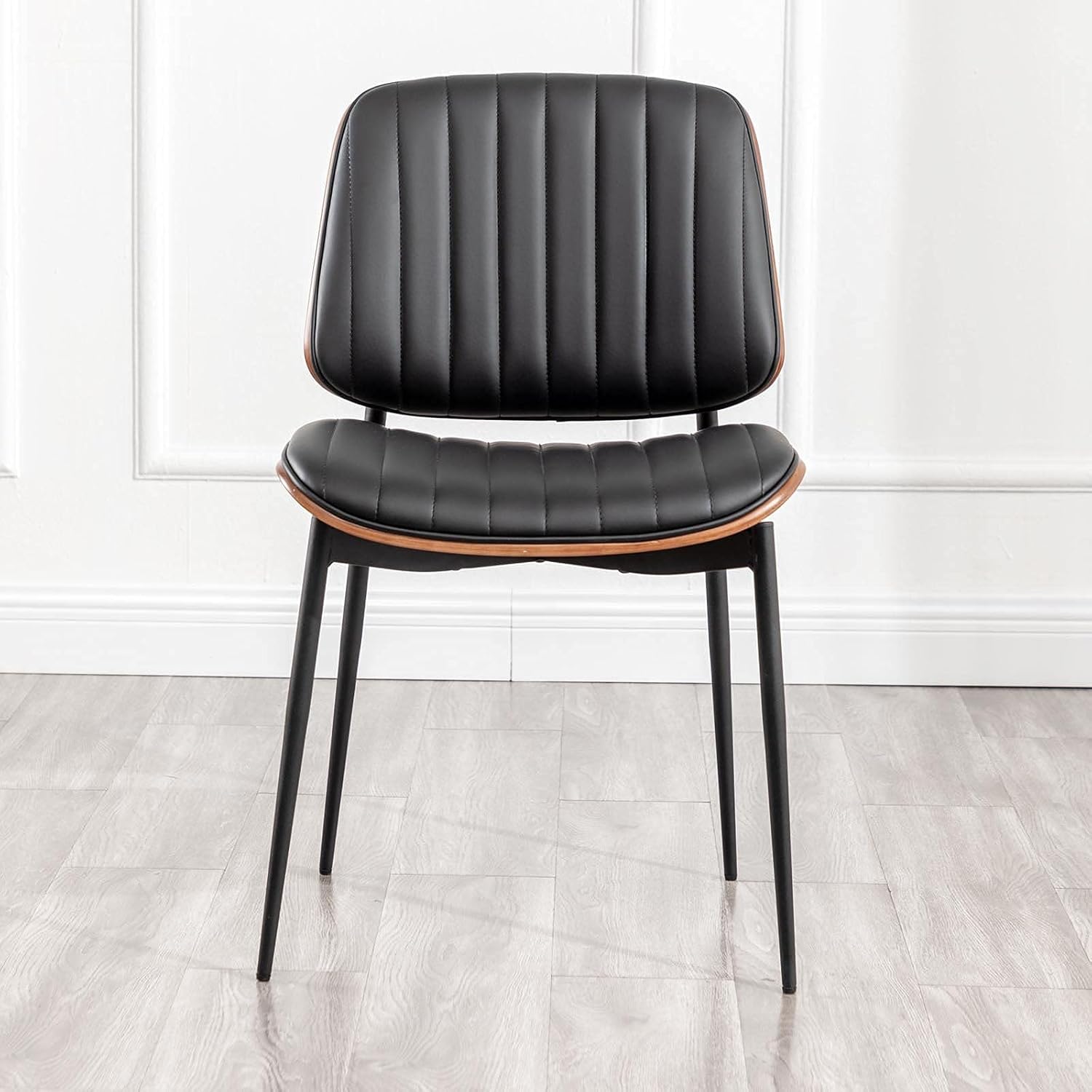 LUNLING Dining Chairs Set of 2 Mid Century Modern Retro Faux Leather Chair with Walnut Bentwood Upholstered Seat Metal Legs Adjustable Foot for Kitchen Dining Room Chairs - Chairs
