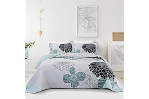 ANIBEDDING 3 Pieces Floral Quilt King Size - Elegant Grayish Blue Reversible Bedspread Bedding Set with 2 Pillowcases, Soft Lightweight Flowers Pattern Quilted Coverlet Set (104"x 90", Dusty Blue)