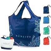 Nereiva 4 Pack Foldable Grocery Bags into Tiny Pouch - Large Capacity Multi-Color, Great for Travel, Durable, Washable Packable Shopping Bag, Comes with a Carry Pouch, Lightweight