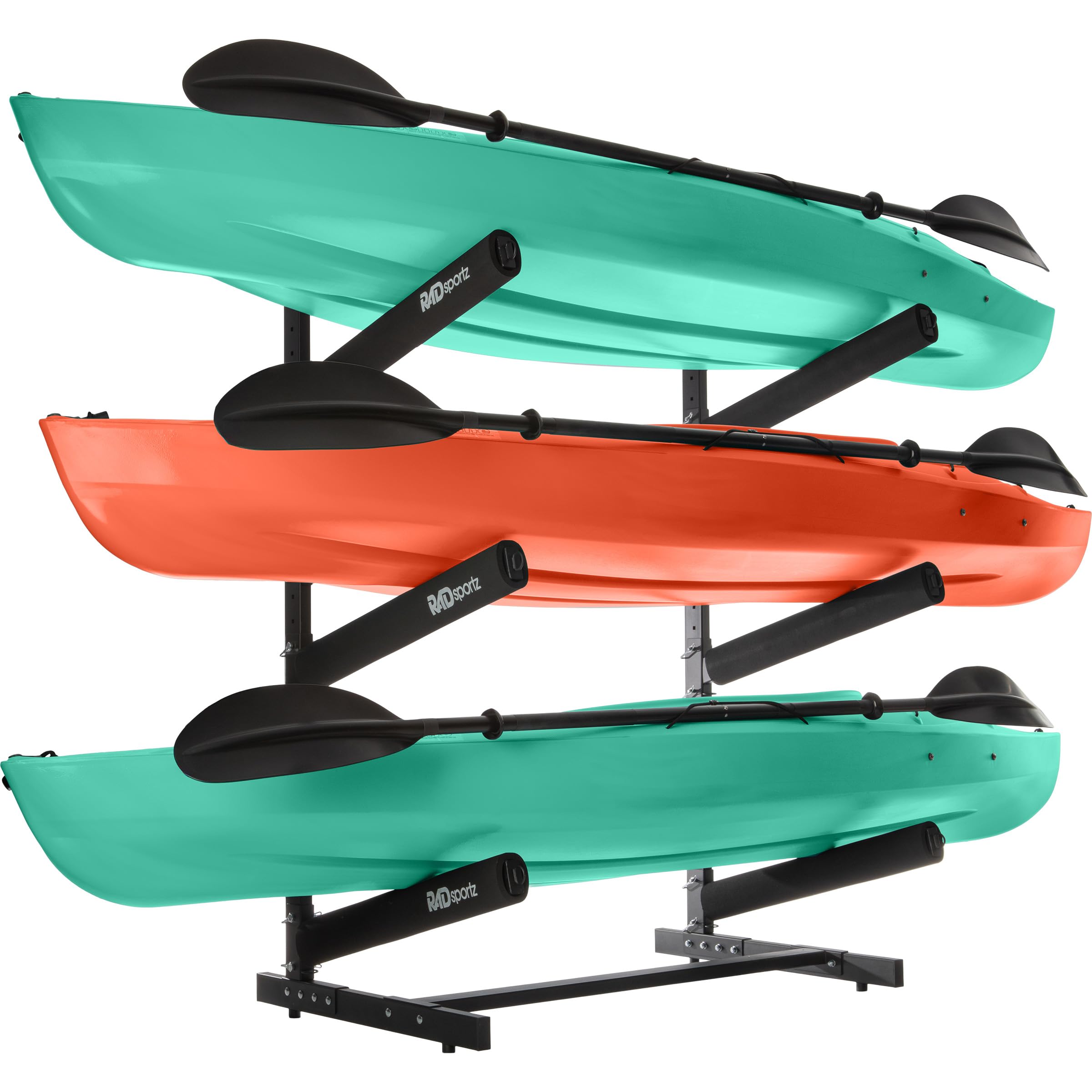 RAD Sportz Kayak Storage Rack - 3-Level Freestanding Adjustable Stand with Padded Arms and 300lb Capacity for Canoes, SUP, or Paddleboards (Black) Image