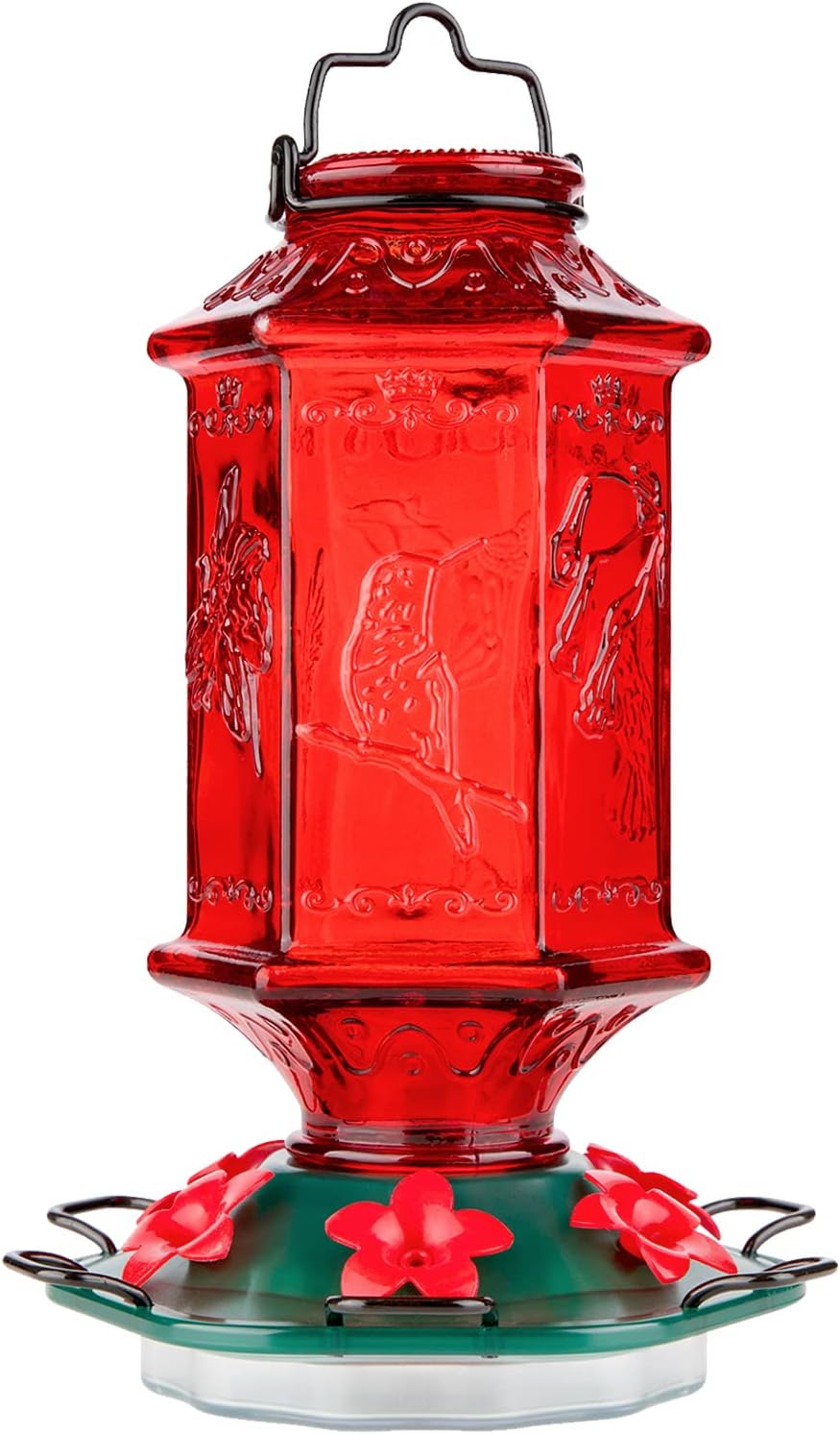 Backyard Birding & Wildlife - Billion Sky Hummingbird Feeder for Outdoors, Lantern Shaped Bottle, 6 Simulation Flowers Feeding Ports, 26 fl.oz, Hanging for Garden Yard, Rust Proof, Red(Ant Moat Included)