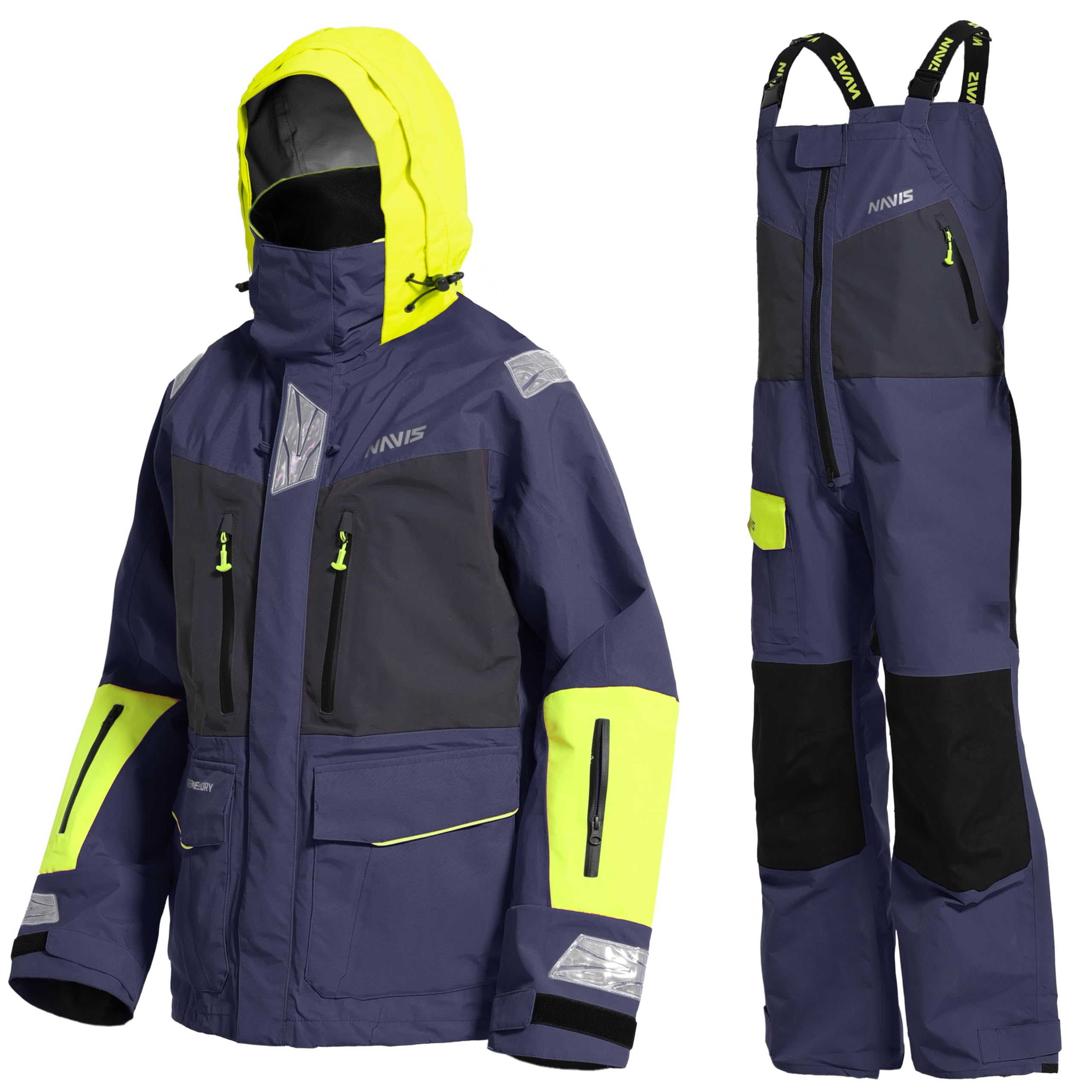 Photo 1 of Men’s PRO Sailing Jacket Waterproof & Offshore Bib Pants + Hi-Vis Hoodie 3-Piece Wet Weather Gear for Crew & Ocean Racing (Navy, S)