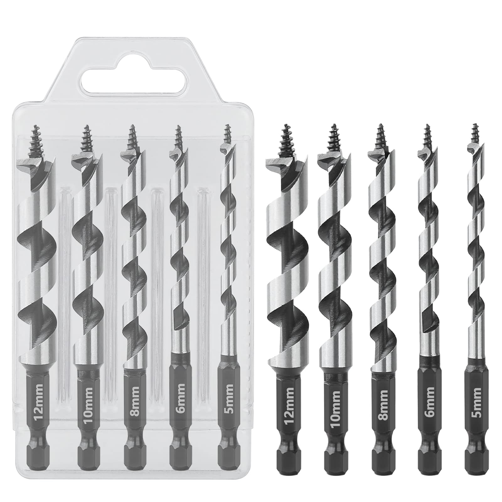 Vearter 5-12mm Ship Auger Drill Bit Kit, 5PCS/Set with 1/4'' Hex Shank,100mm Length for Soft and Hard Wood, Plastic, Drywall and Composite Materials