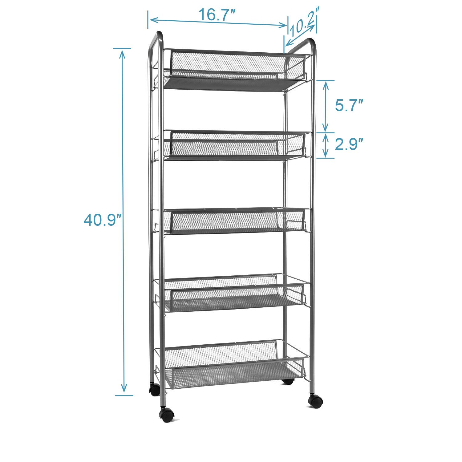 YIMU 5 Tier Mesh Wire Rolling Pantry Mobile File Cart with Removable