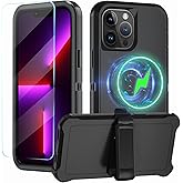 CONWOE Magnetic for iPhone 13 Pro Max Case,with Belt Clip,[Compatible with Magsafe] W/Tempered Glass Screen Protector,Anti-Drop,Shockproof,Heavy Duty Protection (Black)