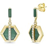 Lavari Jewelers Hexagon Dangle Earrings for Women with Black Onyx Malachite or Mother of Pearl and Created White Sapphire - 14k Yellow Gold Plated Sterling Silver Earrings for Her - Push Back Drops