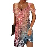 Summer Dresses for Women 2025 Cold Shoulder V Neck Vintage Print A-Line Dress Beach Vacation Boho Mini Sundress