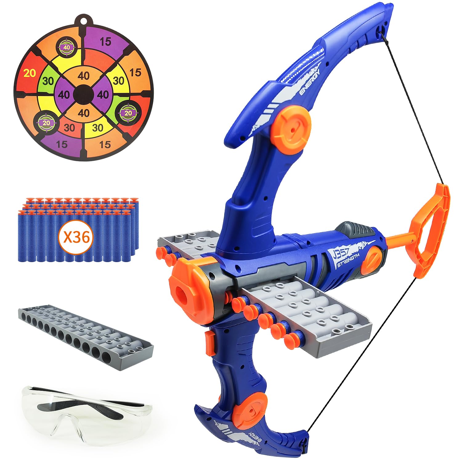 Photo 1 of Toy Bow and Arrow for Nerf Gun Bullets, 12-Dart Clip Shot Foam Bullet Toy Archery Set with 36 Foam Darts 1 Goggle and Target, Birthday Gifts Party Game