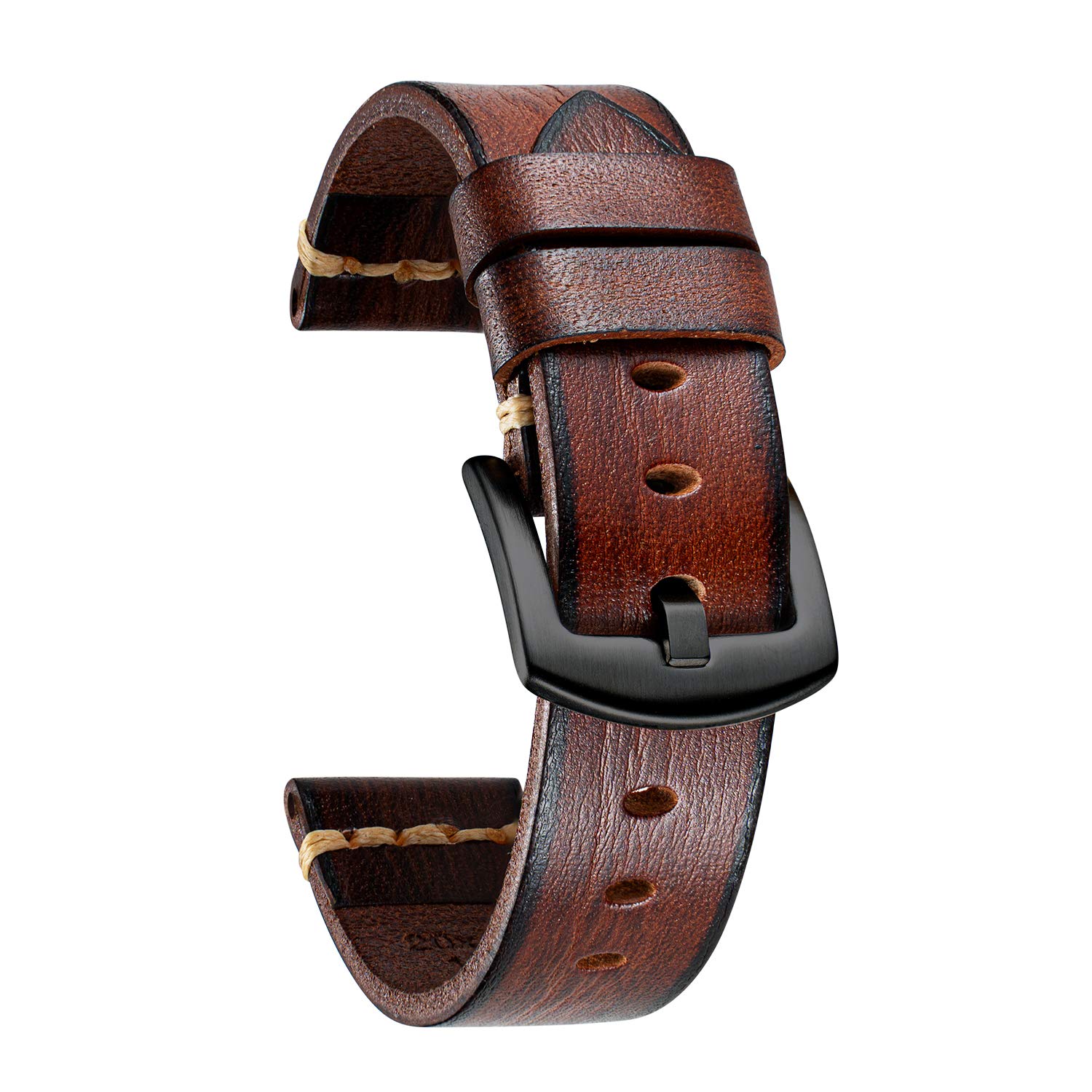 BINLUN Leather Watch Strap for Men Women, Handmade Vintage Leather Watch Band 18mm 20mm 22mm 24mm 26mm Replacement Retro Straps, Light Brown Watch Strap 18mm with Black Stainless Steel Buckle