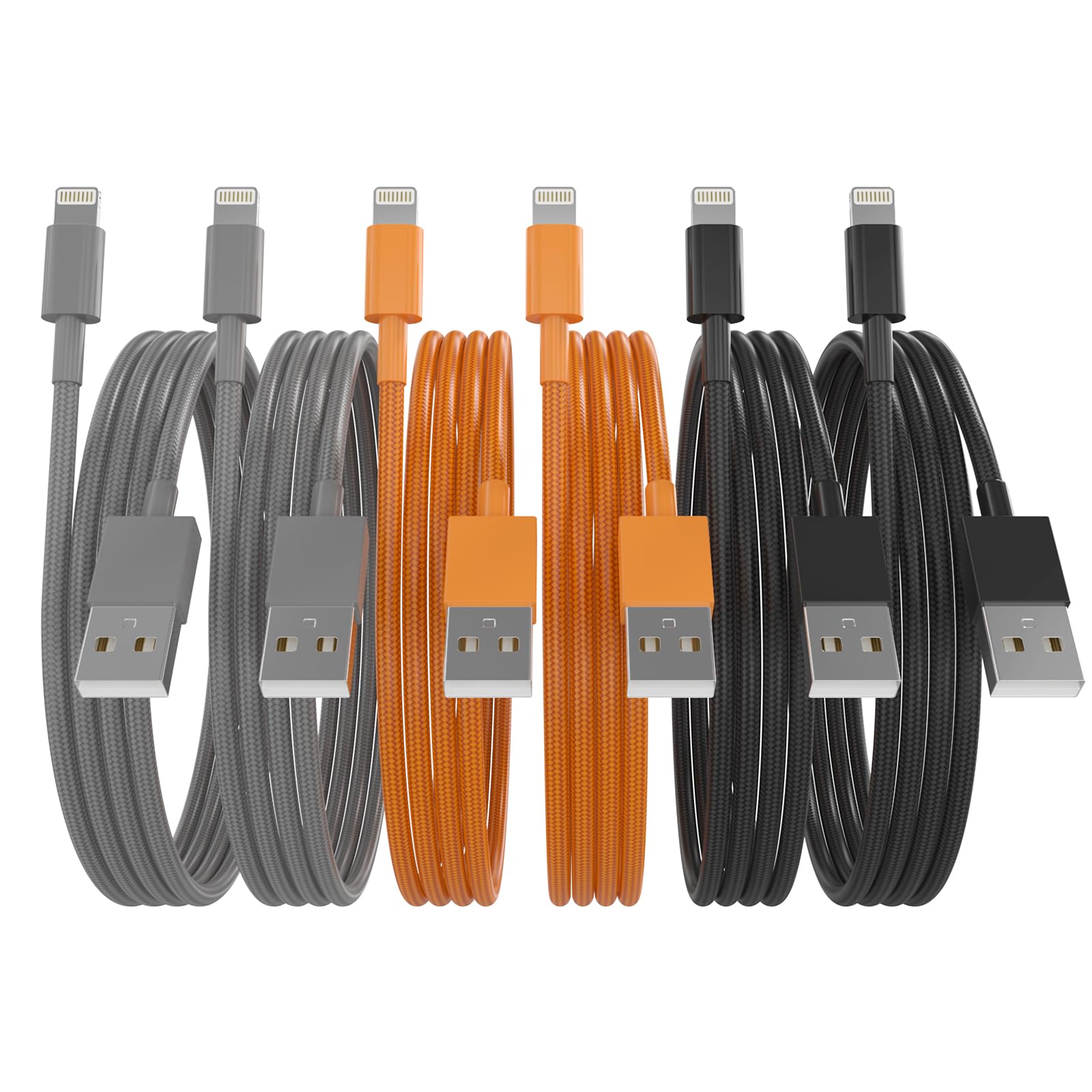 Photo 1 of iPhone Charger Lightning Cables [Apple MFi Certified], 3/3/6/6/6/10 ft, Nylon Braided Fast Charging for iPhone/iPad, 6 Pack, Gray/Orange/Black