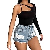 SOLY HUX Women's Cut Out Crop Tee Long Sleeve Shirts Asymmetrical Neck Tshirt Slim Fitted Crop Tops