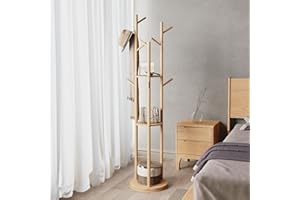 KungFuWood Rotary Coat Rack, Wooden Coat Rack Freestanding with 3 Shelves and 9 Hooks, Coat Tree, Sturdy and Easy Assembly Coat Rack Stand for Entryway,Hallway,Bedroom,Coats,Bags,Hats (Natural)