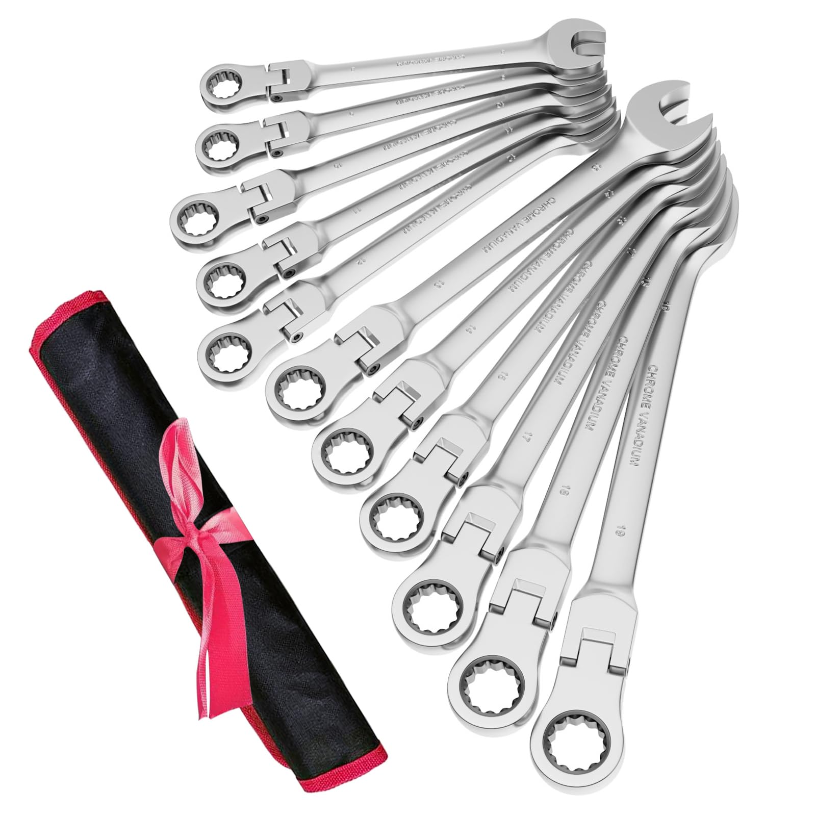 Anesty Ratchet Spanner Set 11pcs Flex-Head Combination Wrench Set, 72 Teeth Metric 8-19mm Ratcheting Combination Spanner Set with Storage Pouch, for Car Repairing, Industrial Maintenance