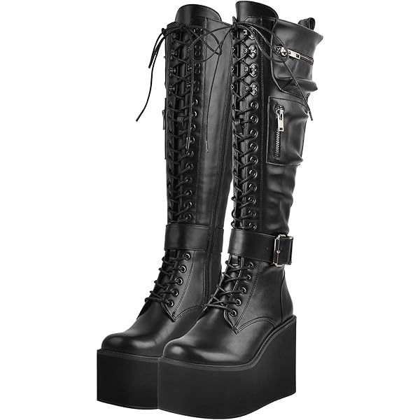 Amazon.com | Women's Vintage Round Toe Lace-up Buckle Knee High