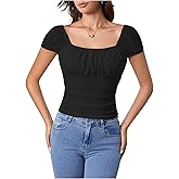 SweatyRocks Women's Ruched Square Neck T Shirt Cap Short Sleeve Slim Fitted Casual Tee Tops