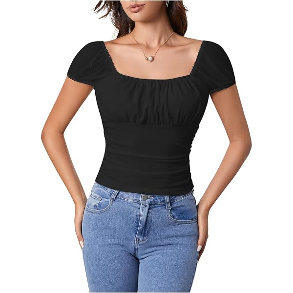 thumbnail image 2 of GORGLITTER Women's Square Neck Bow Ribbed Crop Top - Short Sleeve Knit Shirt For Summer 2 of 12