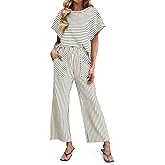 Tankaneo Womens Striped 2 Piece Sets Short Sleeve T Shirts Wide Leg Pants Matching Lounge Set with Pockets