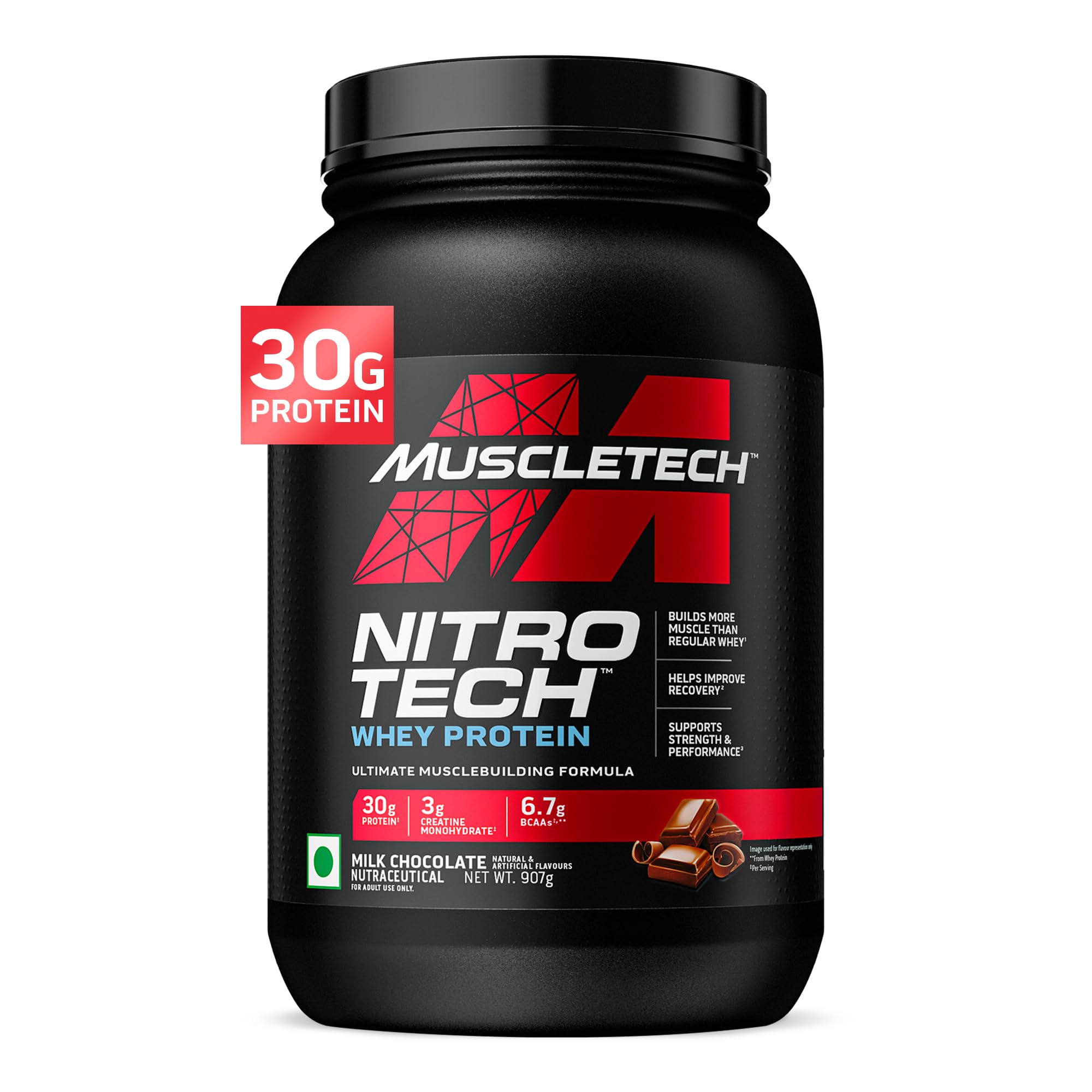 Photo 1 of Muscletech Whey Protein Powder (Milk Chocolate, 2.2 Pound) - Nitro-Tech Muscle Building Formula with Whey Protein Isolate & Peptides - 30g of Protein, 3g of Creatine & 6.6g of BCAA