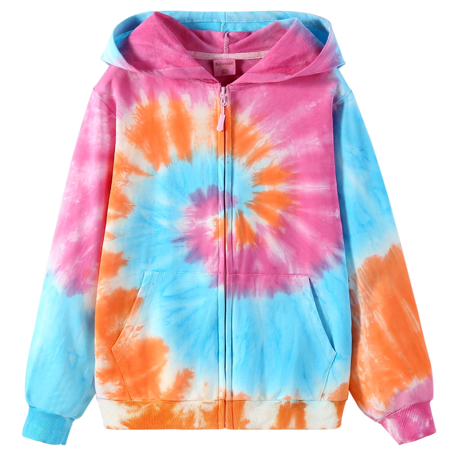 Photo 1 of ***zipper damaged**Julerwoo Kids &Girls 3D Graphic Tie Dye Printed Zip-up Cotton Sweatshirts Hoodie (9-10Y,Orange Pink)