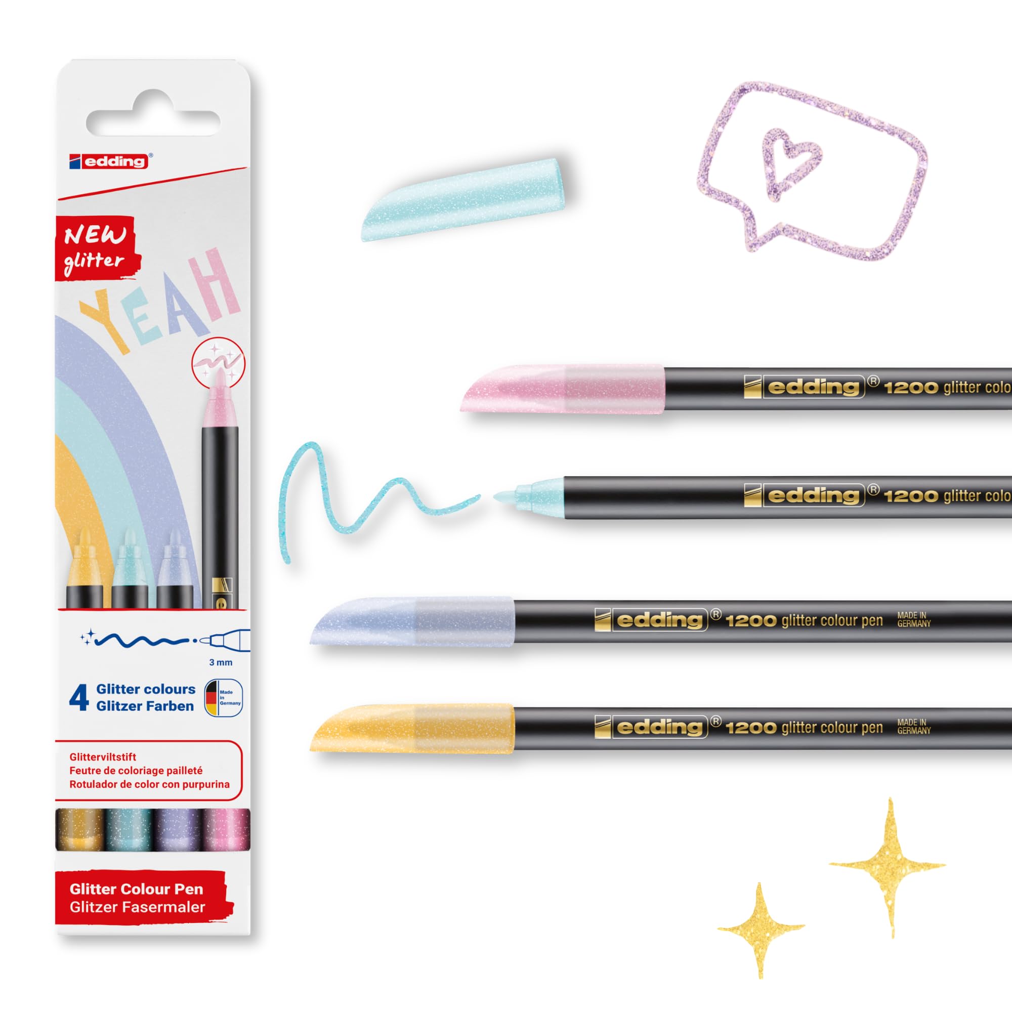 edding 1200 Glitter Pens for Adults & Kids - Premium Assorted Pastel Colors, Set of 4 - Glitter Markers - Coloring Pens - Cute Sparkle Markers for Journaling, Scrapbooks, Cardstock, Arts and Crafts