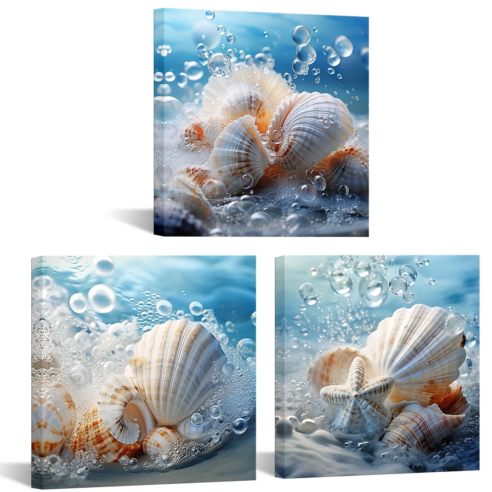 Photo 1 of Canvbay 3 Piece Seashell Wall Art Decor Blue Beach Theme Canvas Prints Coastal Ocean Painting Pictures Seaside Shell Artwork Framed for Modern Home Living Room Bedroom Bathroom 12x12inchx3pcs