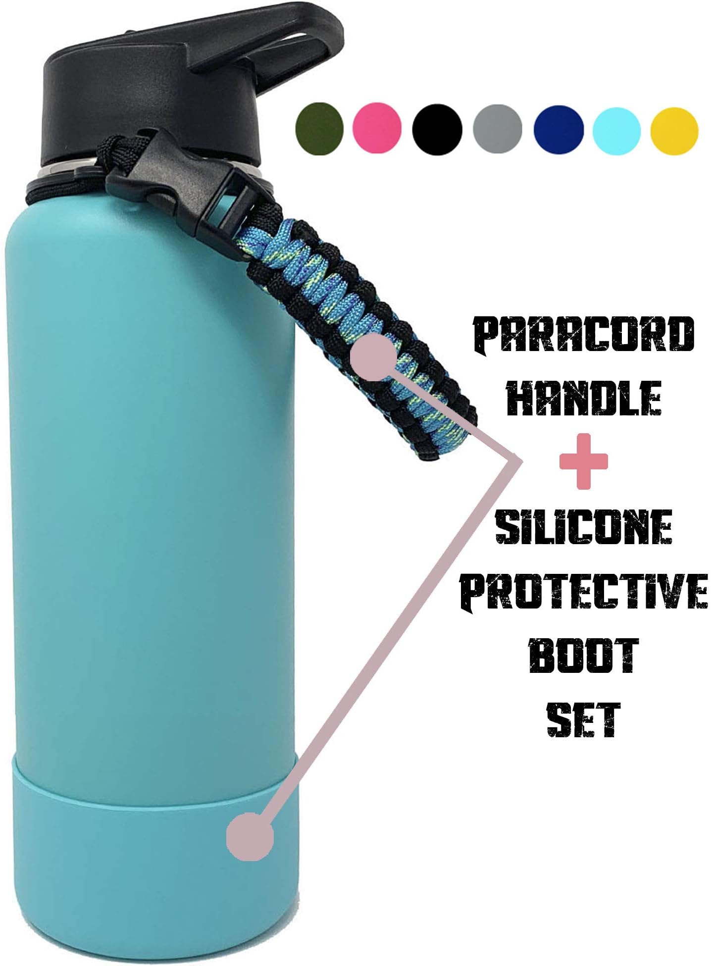 One MissionX Paracord Handle & Protective Bottom Silicone Boot Cover Set - Compatible with Hydro Flask 32 & 40 oz and Other Similar Stainless Steel Water Bottles