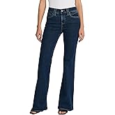 EXPRESS Women’s Hyper Sculpt ’70s Flare Jeans – Mid Rise Stretch Denim, Body-Contouring – Dark Wash