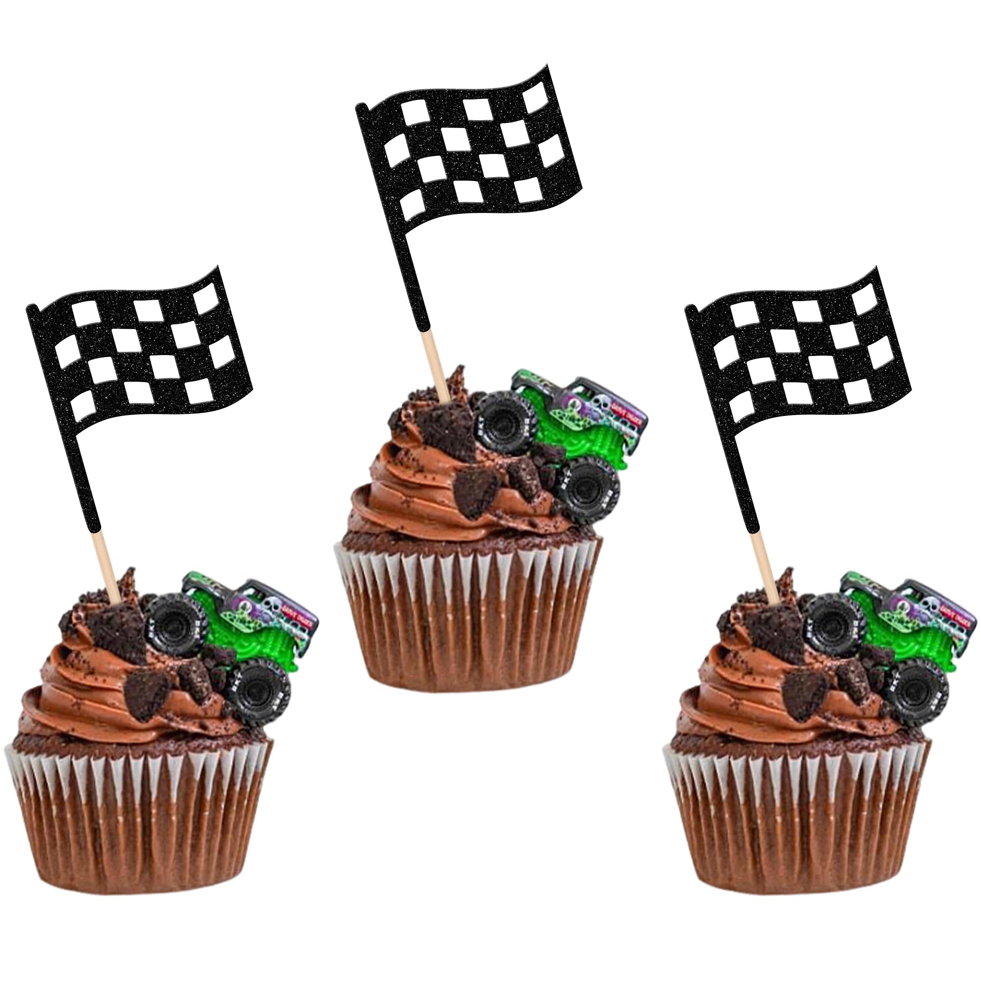 SYKYCTCY 24 Pack Checkered Racing Flag Cupcake Toppers Black Glitter Race Car Checkered Flag Cupcake Picks Finish Line Cupcake Decorations Party Cake Decorations Supplies
