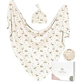 MairMore Baby Swaddle Receiving Blankets with Matching Beanie Set Newborn Nursery Swaddle Wrap for Baby Girls and Boys (Green Dinosaurs)