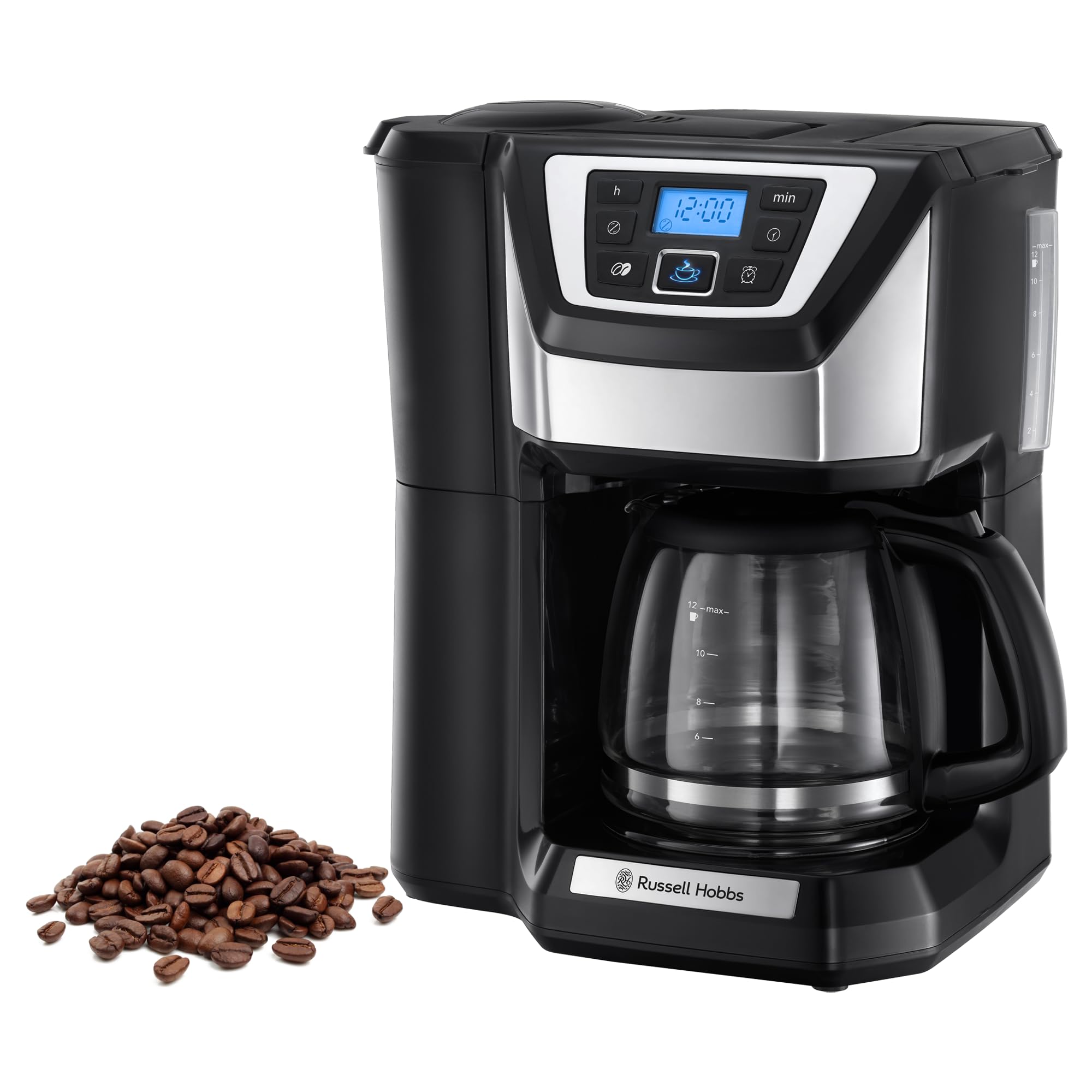 Russell Hobbs Coffee machine with grinder [digital timer, shower head for optimal extraction & aroma] Victory (max 12 cups, 1.5 l glass jug, grind setting) 22000-56/RH filter coffee machine