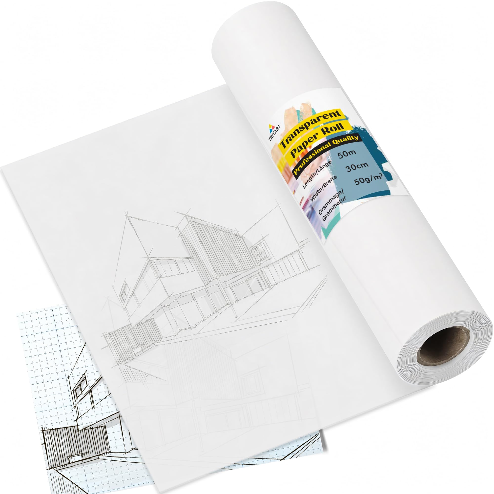 Tritart Translucent Tracing Paper Roll - 50m x 30cm (164 ft x 11.8") - 50 GSM Large Roll of Transparent Flipchart Paper - Pattern Paper for Dressmaking, Sewing, Drawing for Kids