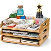Okllen 3 Pack Stackable Paper Trays, Bamboo Desk Letter Tray Set, 3 Tier File Document Organizer Tray for A4 Paper, Magazine, Receipts, Office Supplies