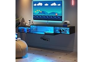 4 EVER WINNER Floating TV Stand with Power Outlet, 59'' Floating TV Shelf with LED Lights and Storage, Floating Entertainment Center Media Console Cabinet for Gaming Box Audio Video, Black