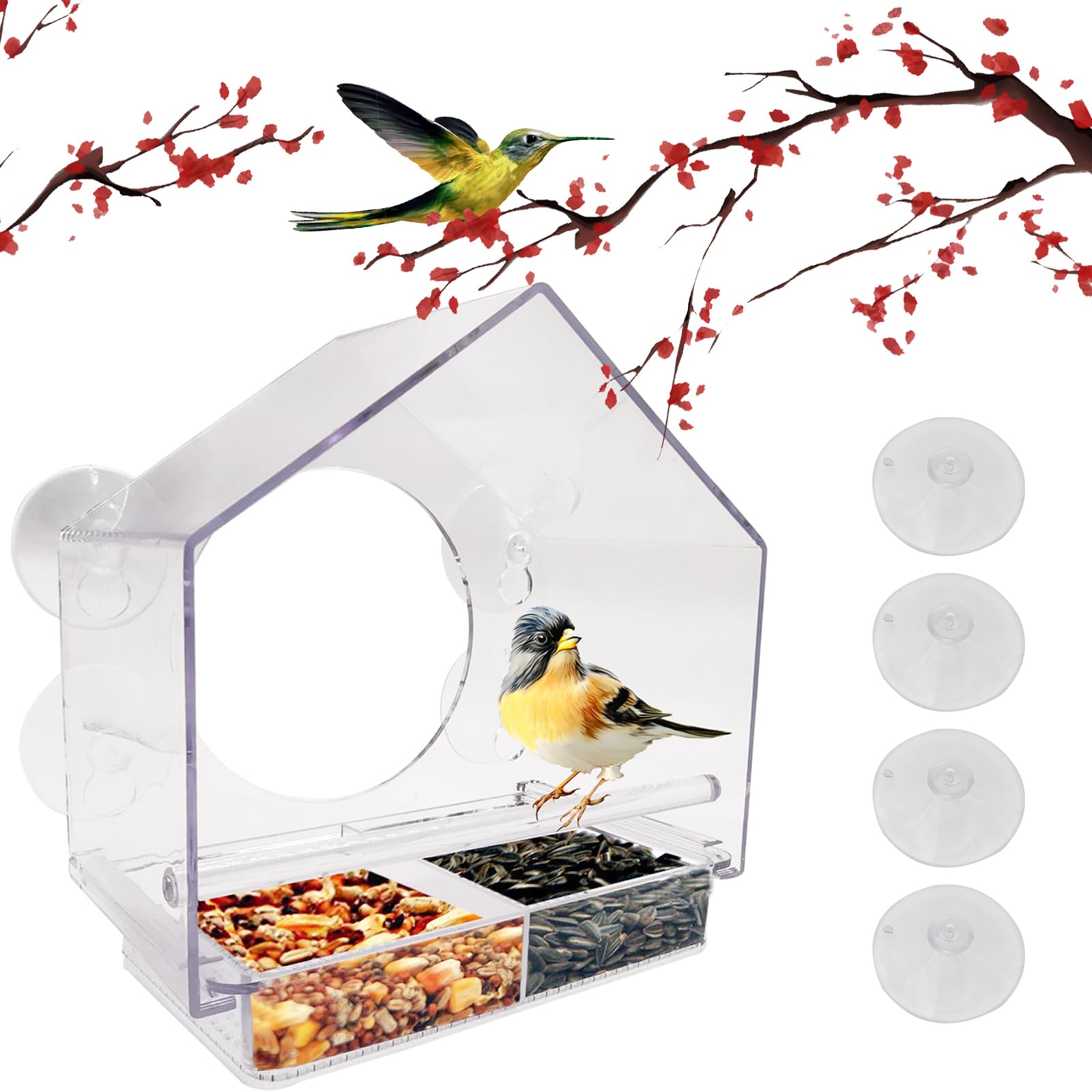 Window Bird Feeder, CTRICALVER Outside Transparent PC Plastic Birds Box (20 x 11 x 20cm) with Hanging Suction Cup, Removable Tray and Drain Holes for Garden Outdoor Backyard Wildlife Little Birds