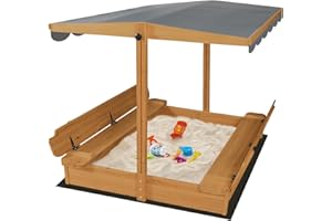 RUNSHED Wooden Sandbox with Lid & Canopy Cover, 48x48 Large Outdoor Sand Box for Kids Ages 4-8, with Foldable Bench Seats, UV-Resistant & Adjustable Height Roof & Bottom Liner