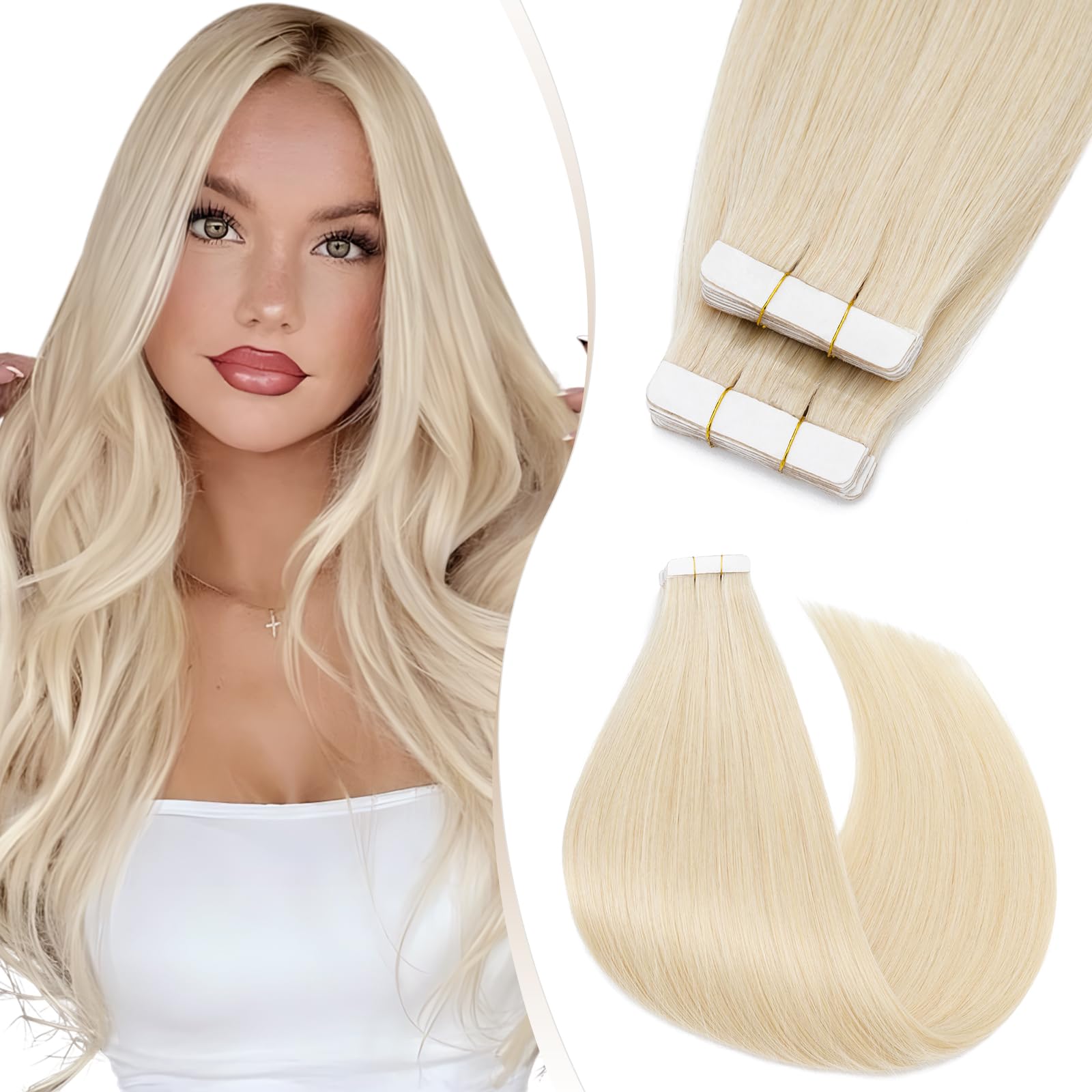 Elailite Tape in Extensions Human Hair 40 Pcs Invisible Thin Type (1.5g/pcs) - Skin Weft Real Remy Hair Extension (#60 Platinum Blonde, 12 Inch-60g) — image 1