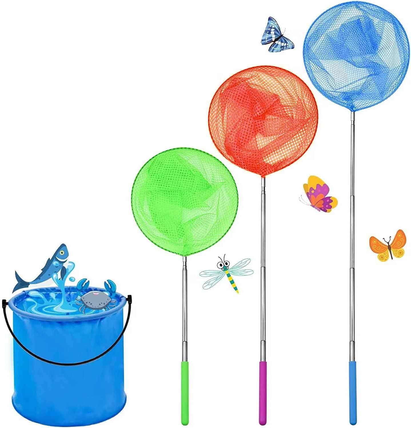 3 Pack Kids Fishing Net,Extendable Butterfly Net,3 Colours Mesh Net for Catching Crabbing Bugs Insects Bird Playing Beach Ponds Pool Outdoor Telescopic Catching Net